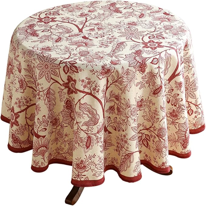 Round Tablecloth, 67 Inch Linen-Polyester Blend, Red Floral