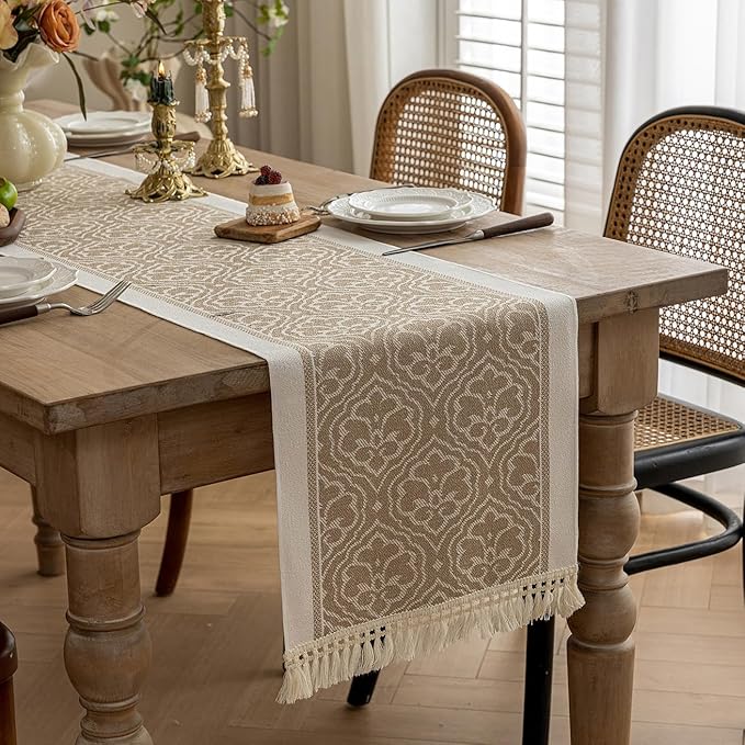 Coffee Boho Table Runner 14 x 63 Inch Polyester Fringe Trim