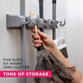 Storage Rack Broom Holder, Grey Plastic, 5 Slots and 6 Hooks