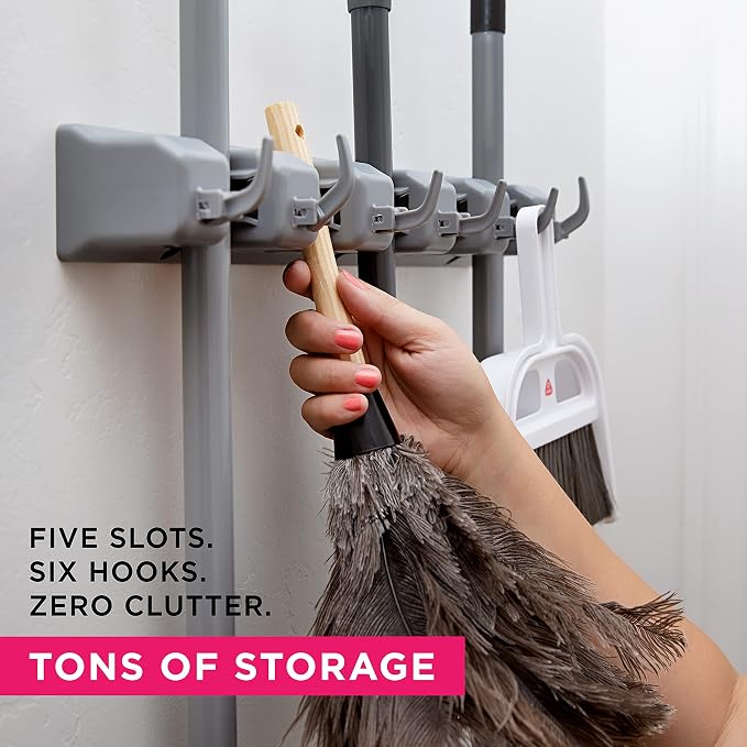 Storage Rack Broom Holder, Grey Plastic, 5 Slots and 6 Hooks