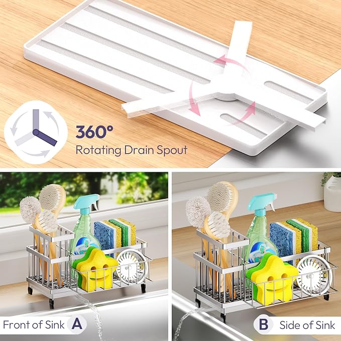 Kitchen Sink Caddy Organizer, Stainless Steel Sponge Holder with 360° Self-Draining Tray