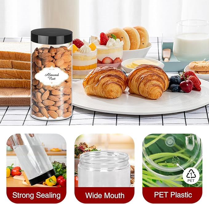 Food Jar Canisters 16 oz Clear PET Plastic with Airtight Lids, 24 Pack