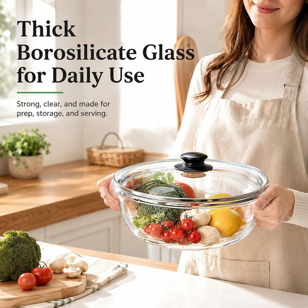 Mixing Bowl, 6 Quart Borosilicate Glass with Lid, Black