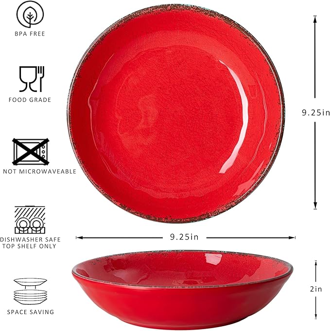 Pasta Bowls Set of 6, 9.25-Inch Melamine, Rustic Red Farmhouse Style
