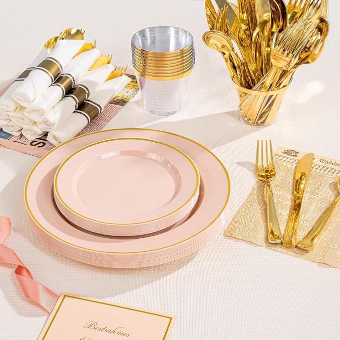 Disposable Plates Set in Pink and Gold, 350 Pieces for 50 Guests