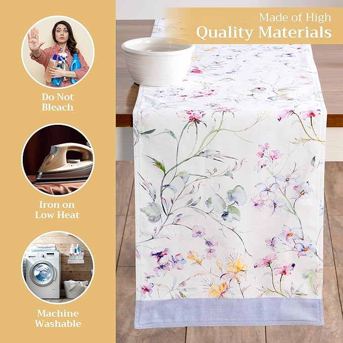 Cotton Table Runner, 14.5 x 72 Inch Summer Floral Double Layer