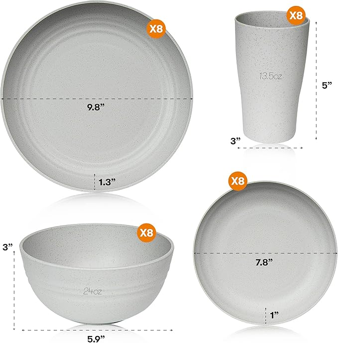 Wheat Straw Dinnerware Set for 8, Gray Round Unbreakable Dishes