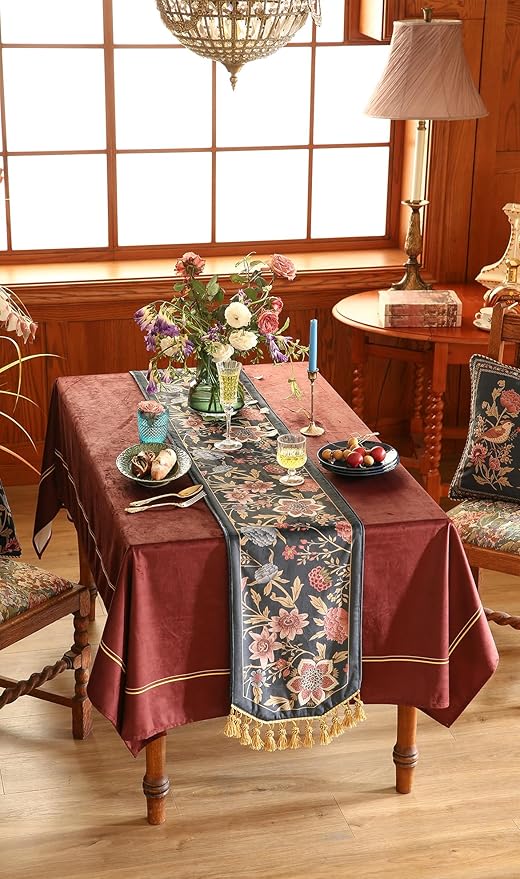 Velvet Table Runner, Floral Bouquet Design, 12 x 71 Inch Polyester