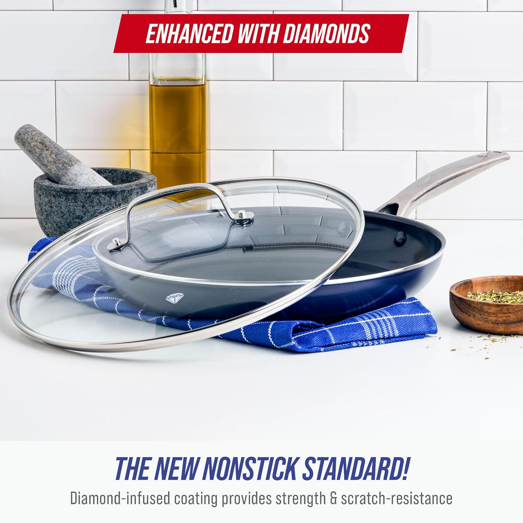 Nonstick Ceramic Skillet, 12-Inch with Tempered Glass Lid, Blue