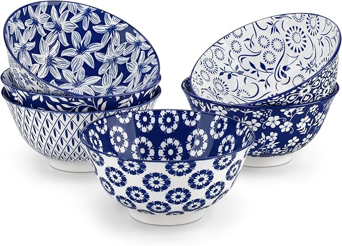 Cereal Bowls Set of 6, 24 oz Blue and White Floral Porcelain