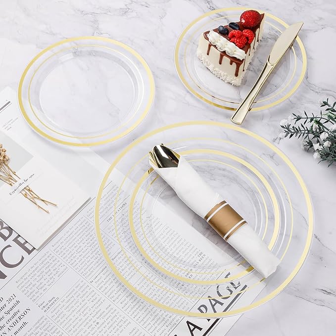 Plastic Plates Set, Clear with Gold Rim for 25 Guests