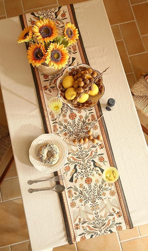 Yellow Floral Linen Table Runner, 12 x 71 Inches, Folk Art Bird Design