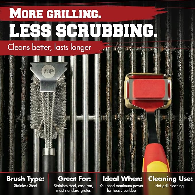 Grill Brush with Stainless Steel Replaceable Head and Built-In Scraper
