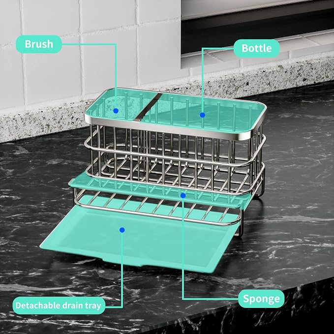 Sink Caddy, Stainless Steel, 3 Compartments, Drain Tray, Silver
