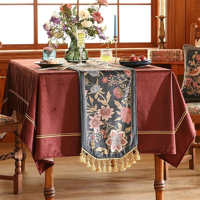 Velvet Table Runner, Floral Bouquet Design, 12 x 71 Inch Polyester