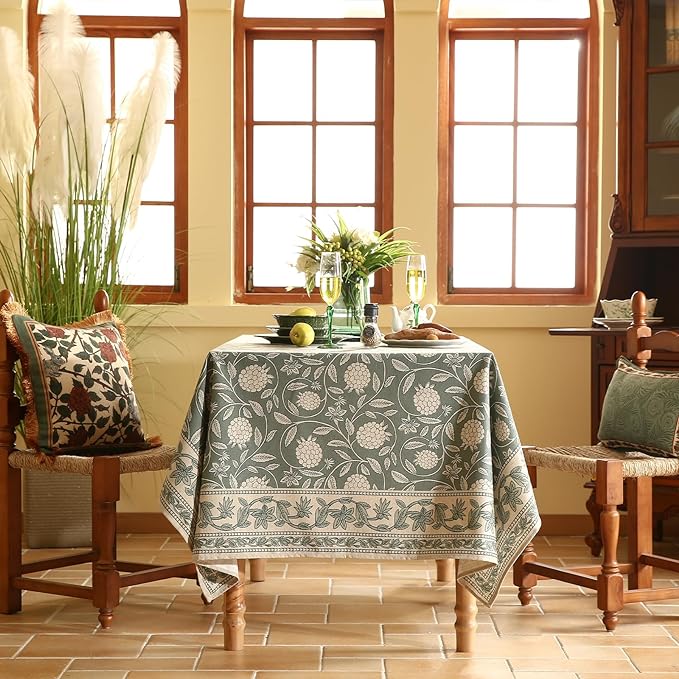 ISAENNE Designer Grayish Green Linen Small Square Tablecloth,Floral Stain Resistant Table Cloth,Fall Vintage Decor Tablecloths for Dining Thanksgiving Kitchen Tea Party,55"*55"-Andrew A