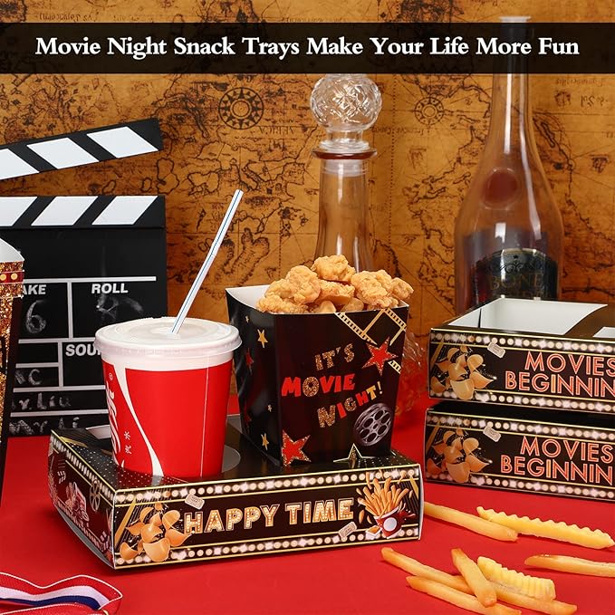 Movie Snack Bowls 36 Pack, Black and Gold Disposable Paper Trays