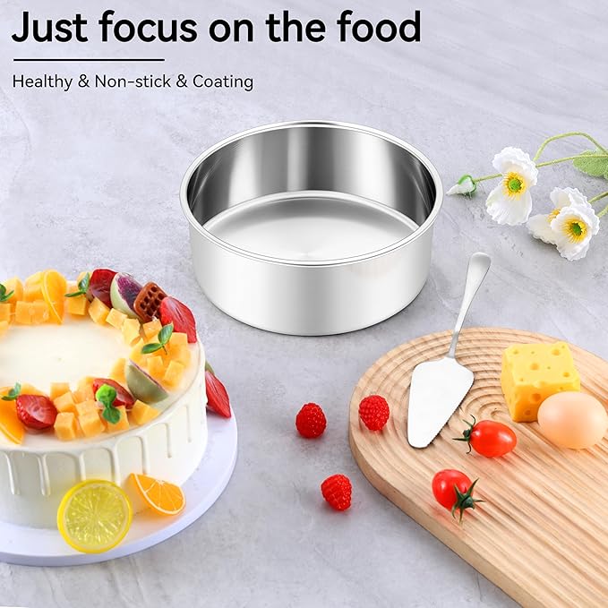 Leonyo 6 Inch Round Cake Pans Set of 3, Stainless Steel Round Layer Cake Baking Pans, Metal Baking Tins for Wedding Birthday, Even Heating, Non Toxic & Healthy, Heavy-Duty, Dishwasher