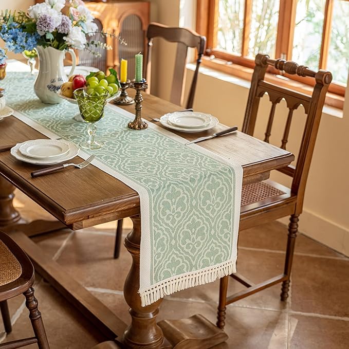 Boho Table Runner, 14 x 72 Inch, Green Polyester with Fringe Trim
