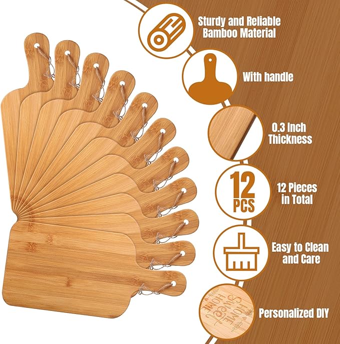 Cutting Boards with Handles, 12 Pack Bamboo, 15 x 7 Inch Brown