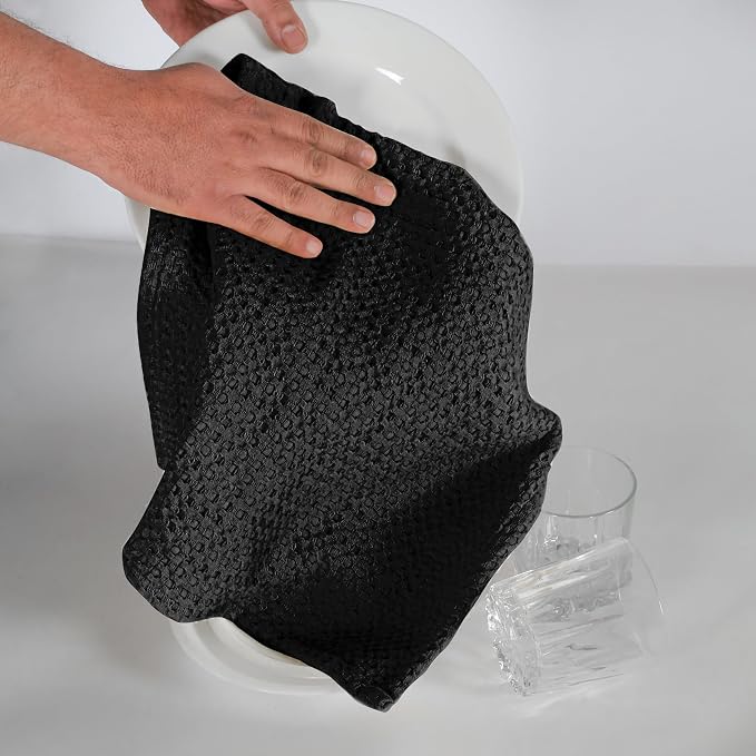 Dish Towels, Set of 4 Cotton Waffle Kitchen Towels in Black, 16x26 Inch