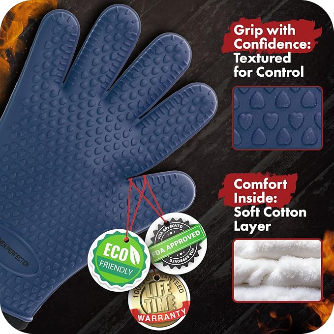 Protective Mitts Set of 2, Navy Silicone Grill Gloves, 11-Inch