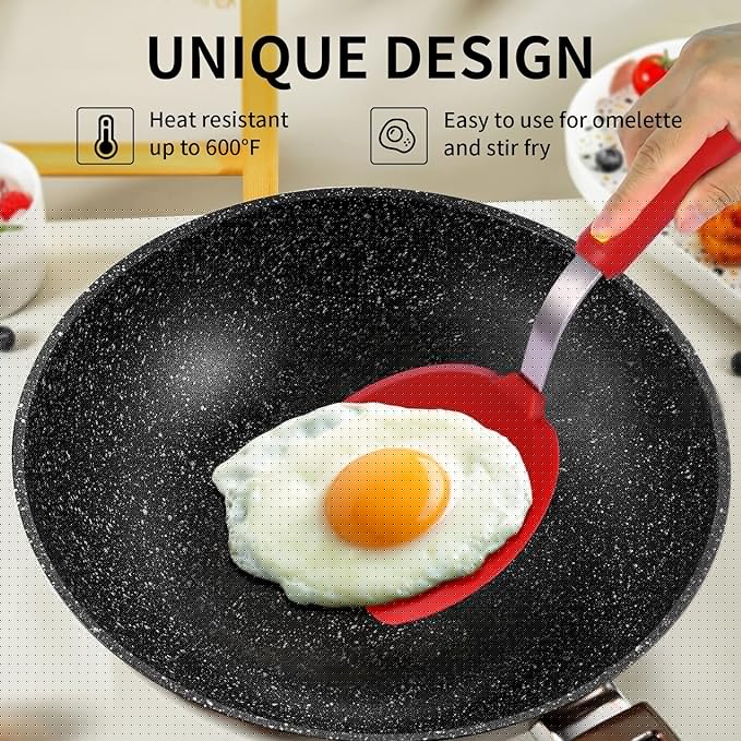 Silicone Spatula Turner Heat Resistant 600°F 3 Piece Set Non Scratch Flexible Slotted and Solid Thin Rubber Spatula Flipper for Cooking Pancake,Egg,Fish,Burger,Steak for Nonstick Cookware,Red