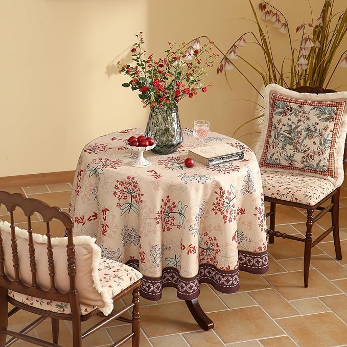 Round Tablecloth, 67-Inch, Polyester-Linen Blend, Vintage Red Floral Pattern