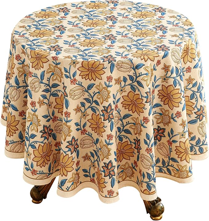 Round Tablecloth, 55 Inch Floral Linen-Blend, Wrinkle-Resistant