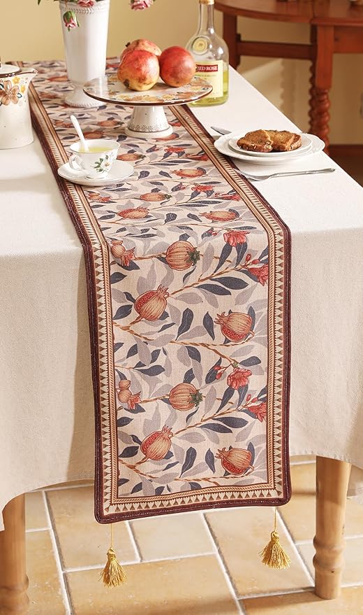 Table Runner, 12 x 87 Inch Floral Pomegranate Linen-Polyester Blend