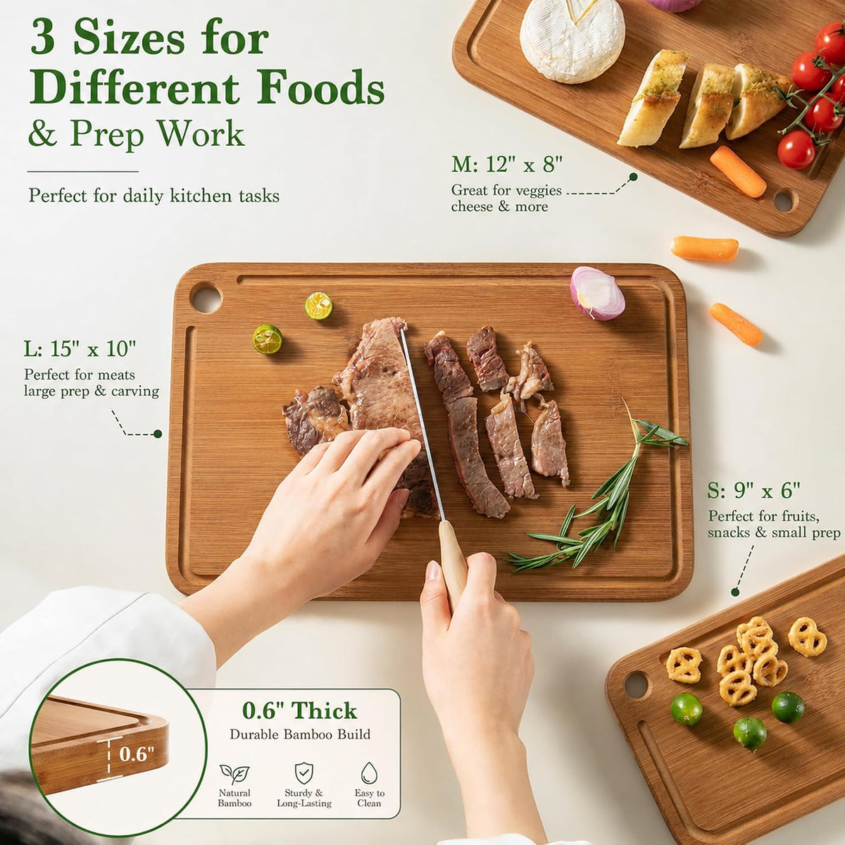 Cutting Board Set of 3 in Carbonized Bamboo with Juice Grooves