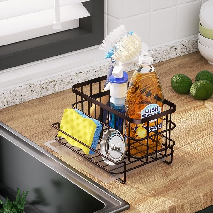 Sink Caddy Organizer with Drain Tray, Bronze Stainless Steel