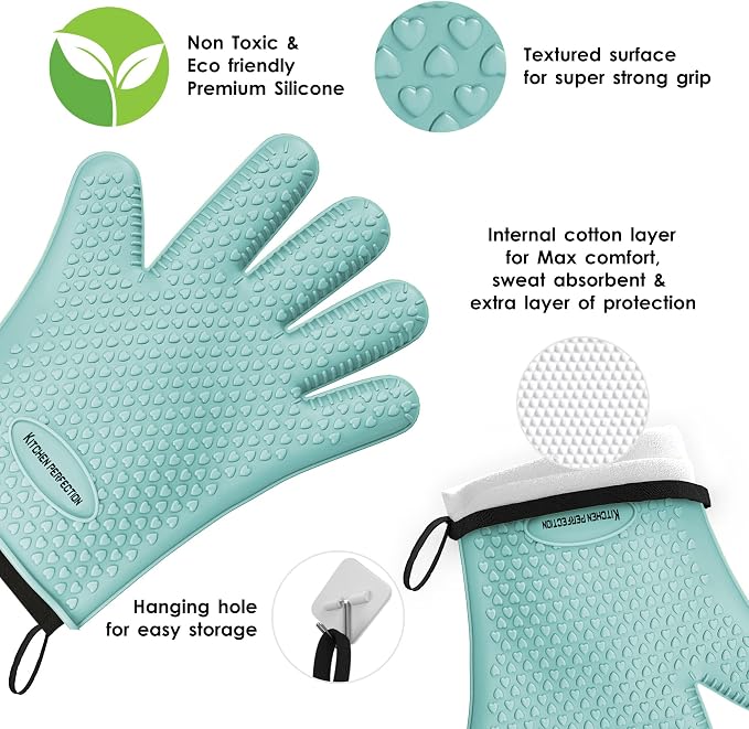 Silicone Protective Mitts, Heat Resistant Turquoise Set of 2