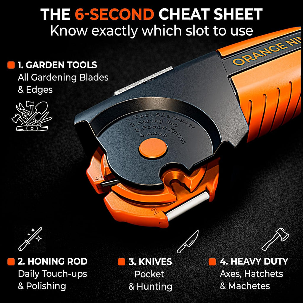 Orange Ninja 7-in-1 Garden Tool & Knife Sharpener- One Tool for Every Blade – close-up