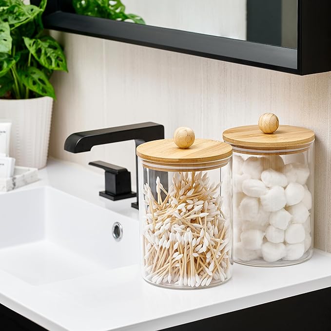Cookie Jars Set of 2 Clear Glass Canisters with Bamboo Lids