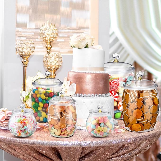 Food Jar Canisters, 6 Clear Plastic Jars with Lids, 30 to 90 oz