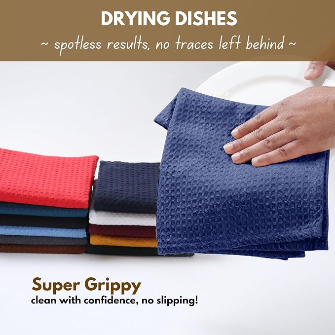 Dish Towels Set of 4 - 100% Cotton Waffle Weave, Indigo Blue, 16x26 in