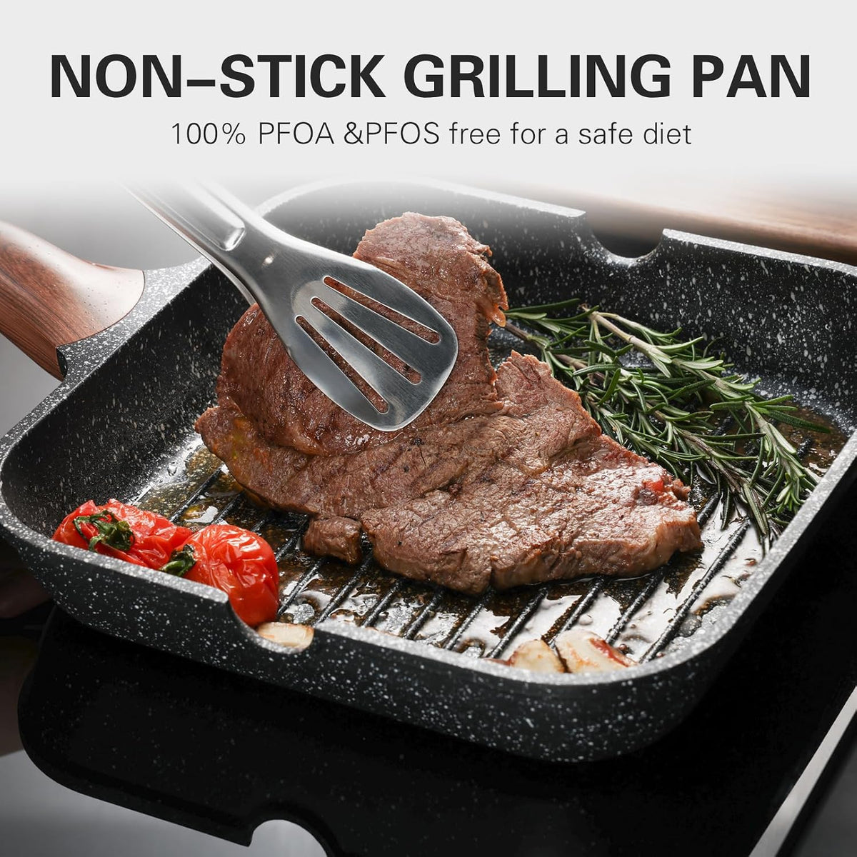 Grill Pan, 11-Inch Square Nonstick with Lid and Tongs in Black