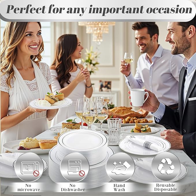 Party Plates Set for 50 Guests in White and Silver Hard Plastic