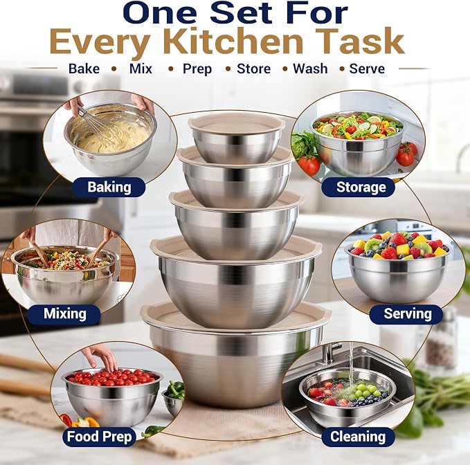 Stainless steel mixing bowls set with lids, 25 pieces, khaki