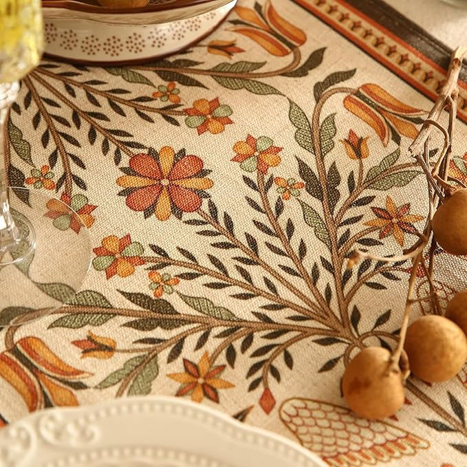 Yellow Floral Linen Table Runner, 12 x 71 Inches, Folk Art Bird Design