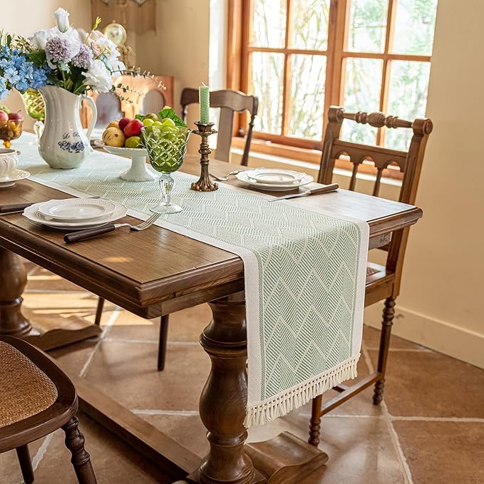 Table Runner, 14x119 Inch Green Boho Polyester Runner