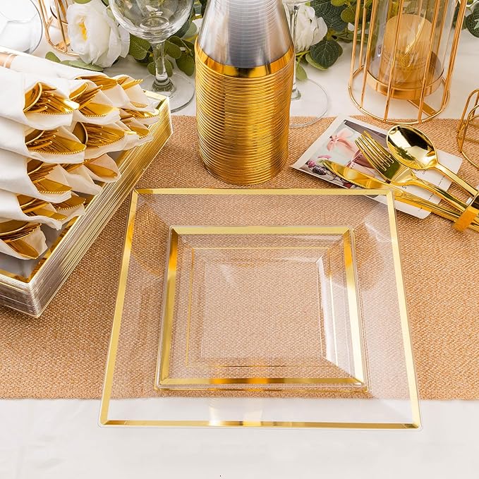 Plates Set, 352 Pieces, Clear Plastic with Gold Rim