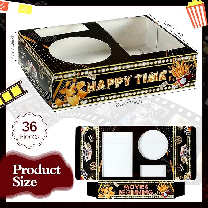 Movie Snack Bowls 36 Pack, Black and Gold Disposable Paper Trays