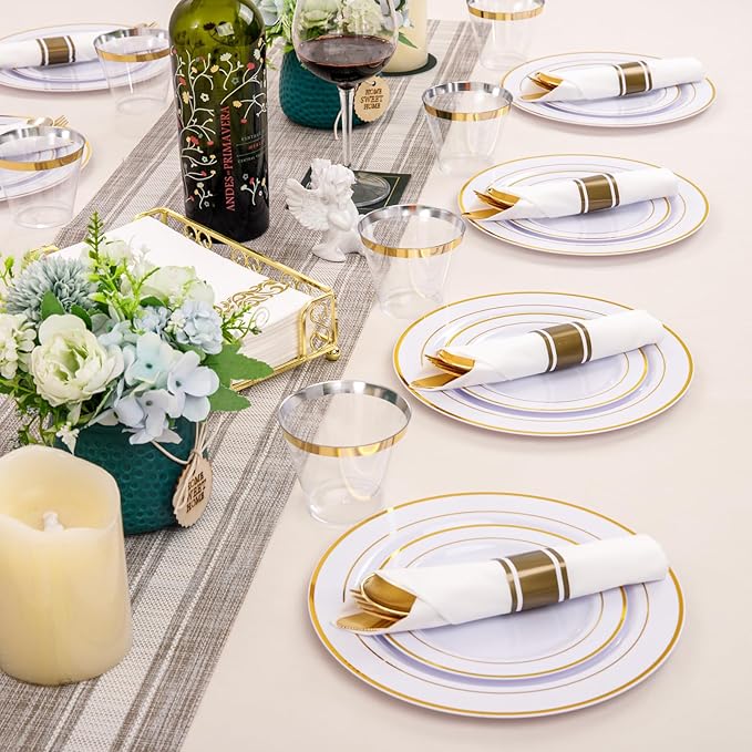 Plates Set in White and Gold Plastic, 350 Pieces for 50 Guests