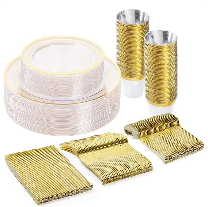 Disposable Plastic Plates Set for 25 Guests with Clear Gold Rim