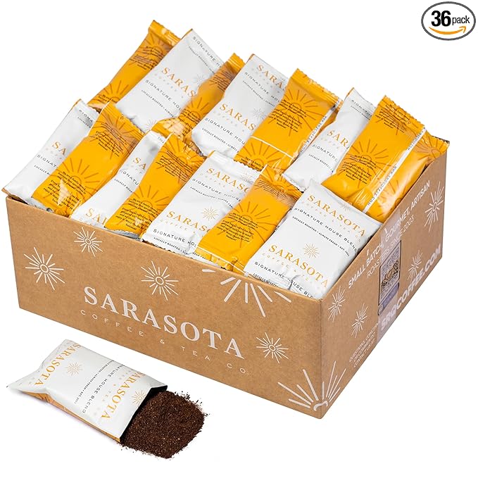 Sarasota Coffee Ground Packets | Gourmet Medium Roast Bulk Packs | Breakfast Blend | Low Acid Mold Free Individual Single Pot Pouches for 12 Cup Coffee Maker | 2 Ounce Bags, 36 Count