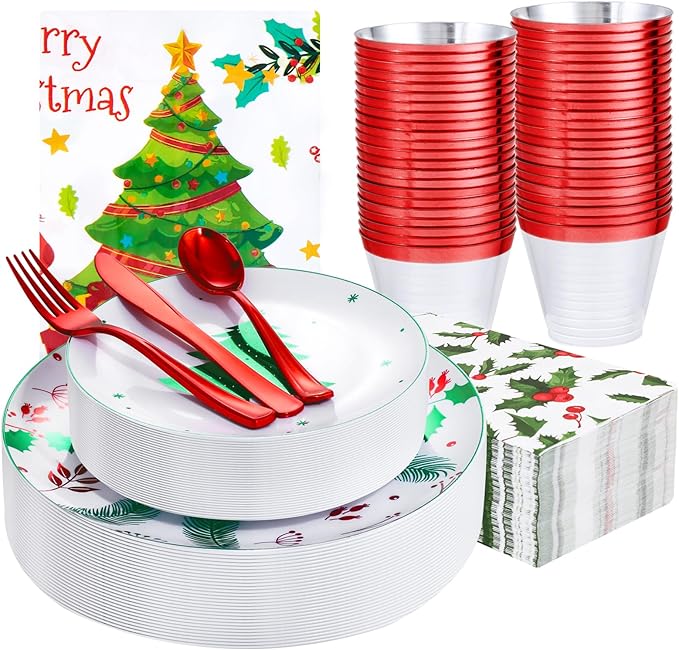 Disposable Christmas Plates Set, Green Tree Pattern, 176 Pieces