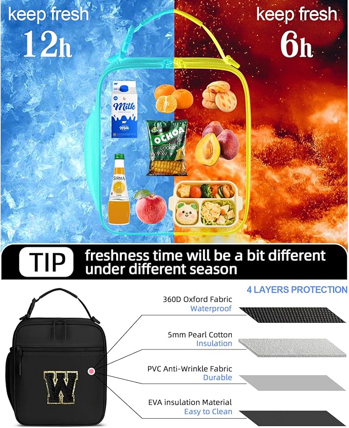 Initial Insulated Lunch Bag for Boys Kids, Back to School Gift, Reusable Leak-proof Lunch Box with Adjustable Strap for School Daycare Travel Picnic（Black，W）