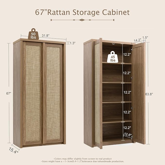 Pantry Cabinet 67-Inch Tall Rattan with Doors and Adjustable Shelves